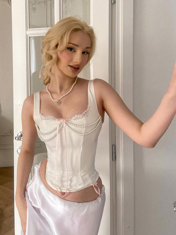 Levoire | Pour Femmes Nouveau Style Français Perle Porteuse Ajout de Dentelle Ceinture Gilet Blanc