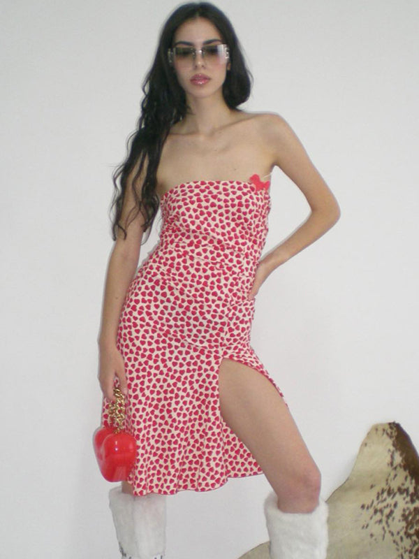 Levoire | Femmes nouveau sexy sans bretelles haut tube avec nœud et fente irrégulière robe fleurie Rot