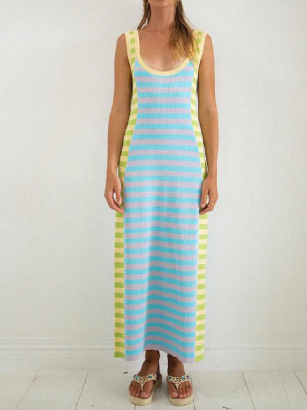 Levoire | Pour femmes Nouvelle Robe Longue Tricotée Décontractée Avec Encolure U-U, Dos Ouvert, Sans Manches et Design en Blocs de Couleurs