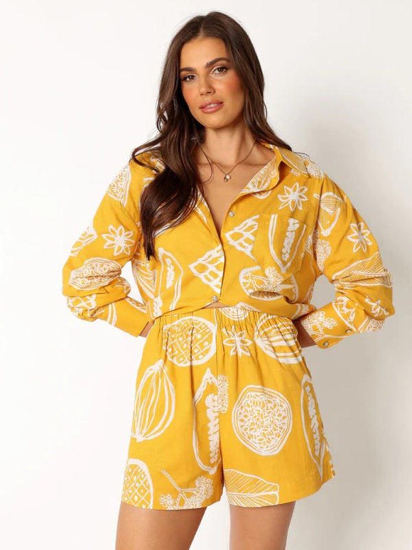 Levoire | Pour femmes Nouveaux Loisirs Premium Imprimé Fruit Shorts Veste Ensemble Jaune