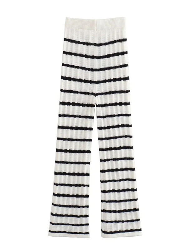 Levoire | Femmes nouveau rétro décontracté top à col en V + pantalon à rayures en tricot