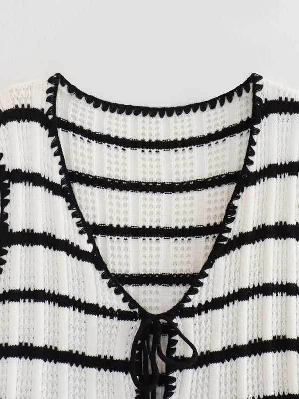 Levoire | Femmes nouveau rétro décontracté top à col en V + pantalon à rayures en tricot