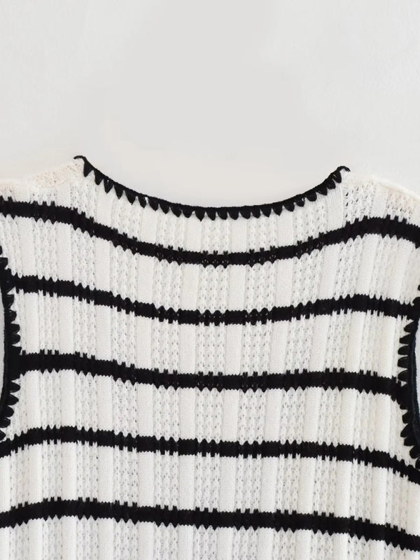 Levoire | Femmes nouveau rétro décontracté top à col en V + pantalon à rayures en tricot