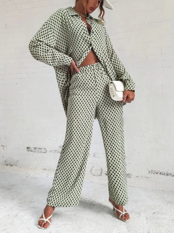 Levoire | Ensemble 2 pièces haut à manches longues imprimé off-shoulder pour femmes et pantalon