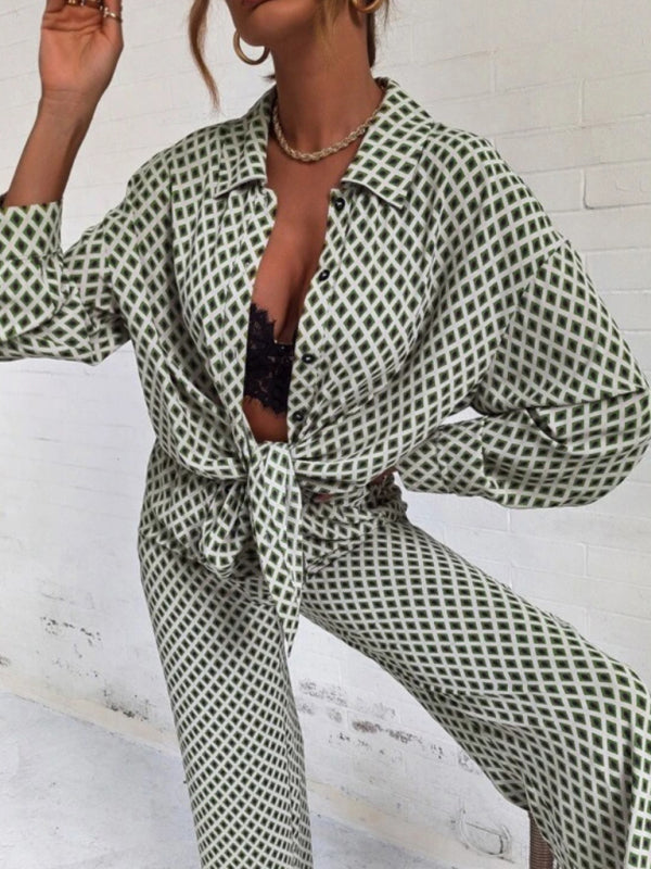 Levoire | Ensemble 2 pièces haut à manches longues imprimé off-shoulder pour femmes et pantalon Vert