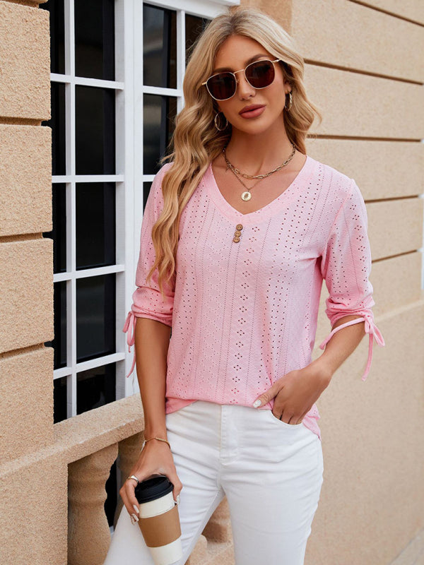 Levoire | Femme V-cou à manches trois quarts Bouton Cordon T-shirt détaché en haut Rosa