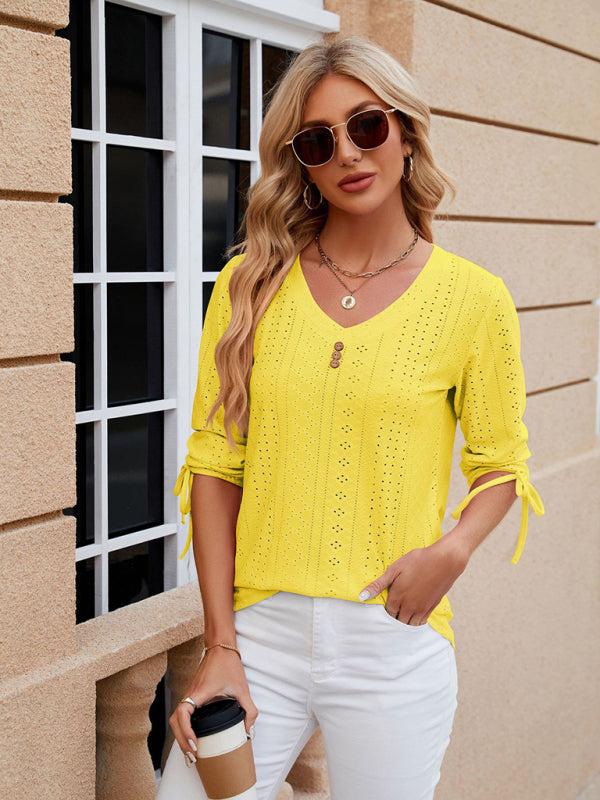 Levoire | Femme V-cou à manches trois quarts Bouton Cordon T-shirt détaché en haut Jaune
