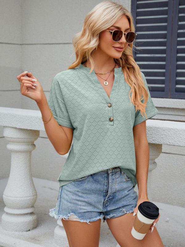 Levoire | Femmes V-encolure Bouton Uni Anneau Lâche Manches Courtes T-shirt
