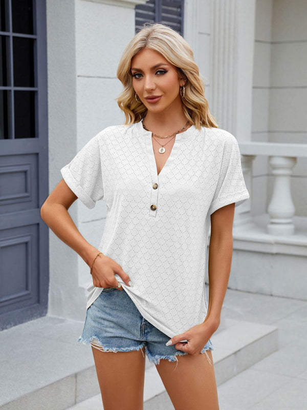 Levoire | Femmes V-encolure Bouton Uni Anneau Lâche Manches Courtes T-shirt
