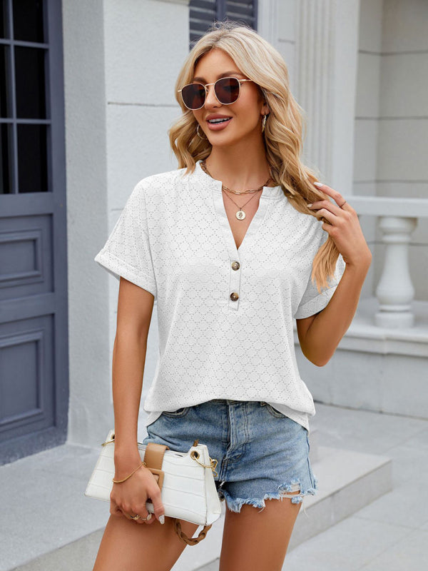 Levoire | Femmes V-encolure Bouton Uni Anneau Lâche Manches Courtes T-shirt Blanc