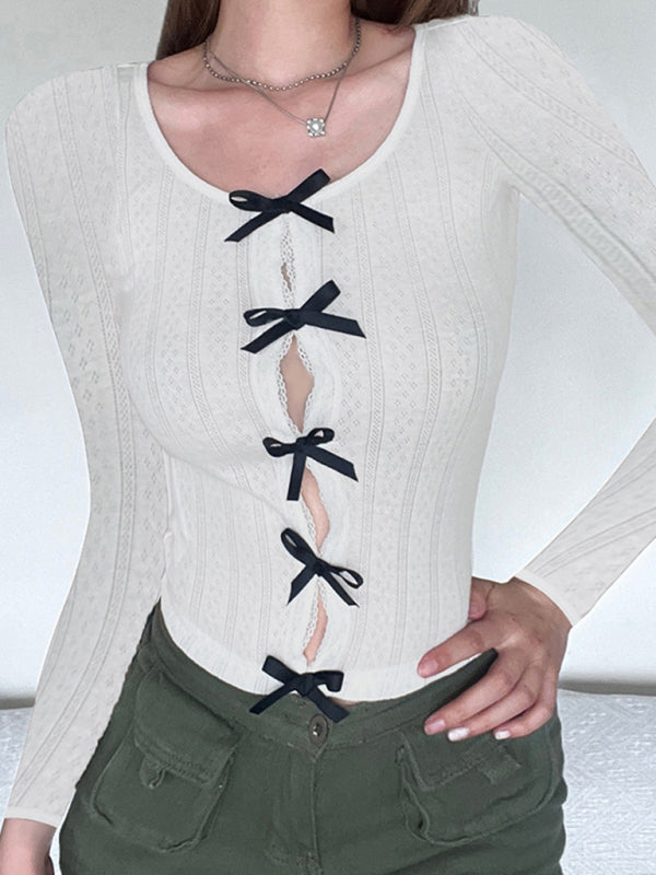 Levoire | Femme Loisirs Nœud Bas Taper Longueur Manches Longues Chemise Blanc
