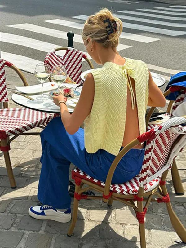 Levoire | Top à nouer ouvert au dos tricoté pour femmes Jaune