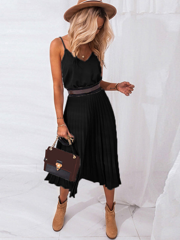 Levoire | Robe midi plissée à col V décontractée et sexy pour femmes (ceinture non incluse) Musta
