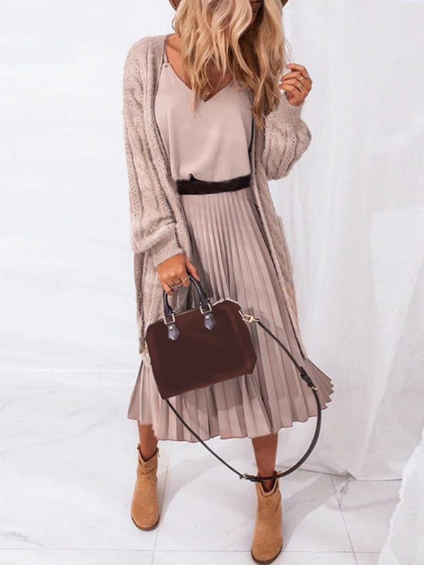 Levoire | Robe midi plissée à col V décontractée et sexy pour femmes (ceinture non incluse)