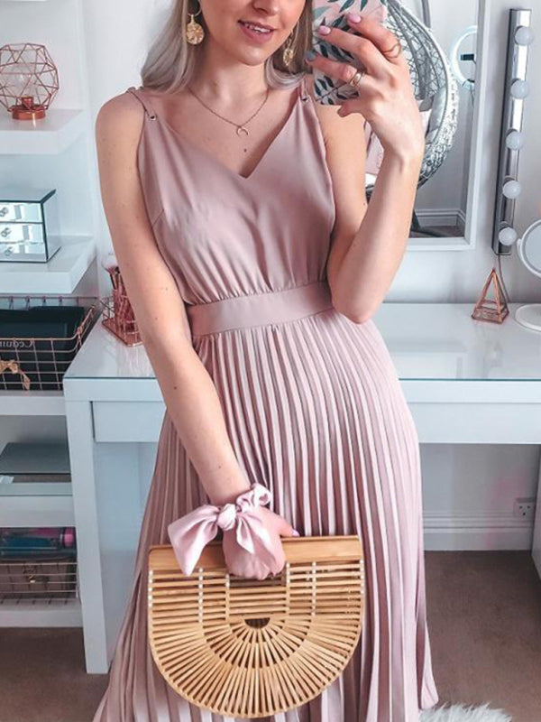 Levoire | Robe midi plissée à col V décontractée et sexy pour femmes (ceinture non incluse) Rosa
