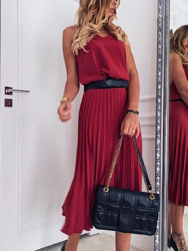 Levoire | Robe midi plissée à col V décontractée et sexy pour femmes (ceinture non incluse)
