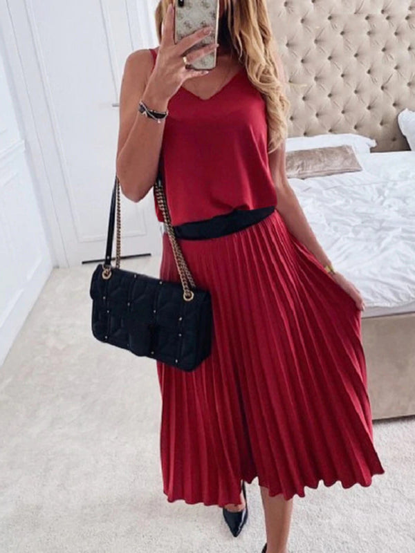 Levoire | Robe midi plissée à col V décontractée et sexy pour femmes (ceinture non incluse) Rot