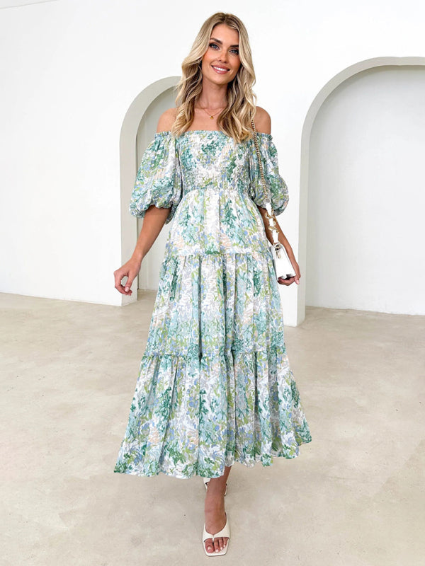 Levoire | Robe à gâteau française en imprimé marbré matelassé de style vacances pour femmes Vert