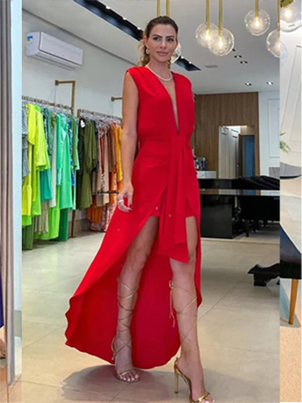 Levoire | Robe décolletée en V profond simple pour femmes sans manches Rot