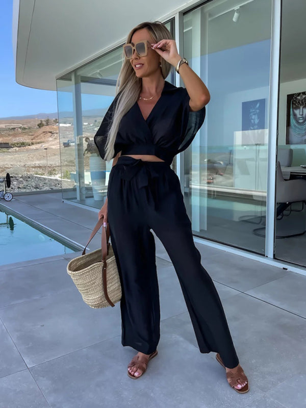 Levoire | Nouveau style agréable et décontracté profond v couleur solide ceinture taille pantalon droit