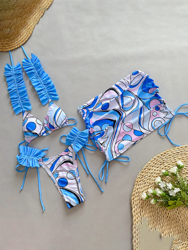 Levoire | Maillot de bain trois pièces pour femmes avec un bord en volants, maillot de bain découpé Sininen