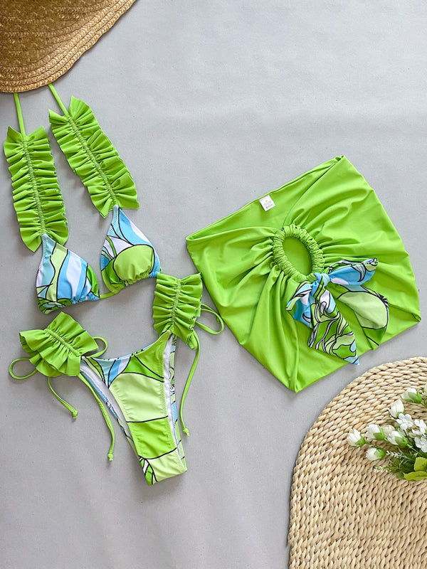 Levoire | Maillot de bain trois pièces pour femmes avec un bord en volants, maillot de bain découpé Vert