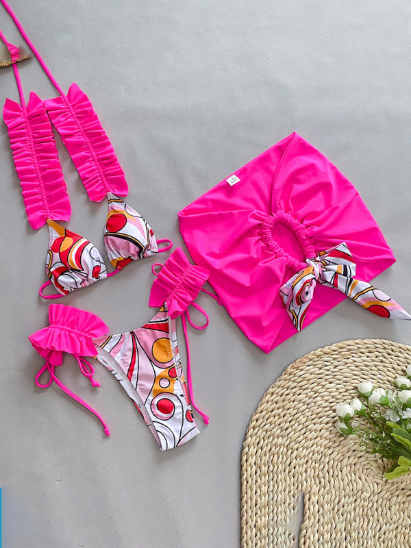 Levoire | Maillot de bain trois pièces pour femmes avec un bord en volants, maillot de bain découpé Rosa