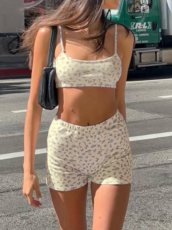 Levoire | Nouvelle pour femmes imprimé tricot bauchfreie gilet taille basse shorts mettant en valeur les hanches ensemble Jaune