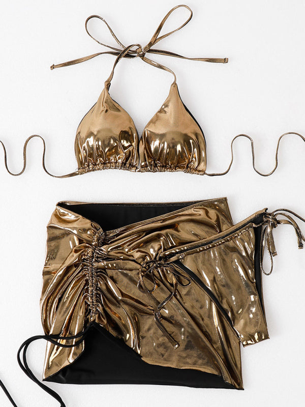 Levoire | Nouveaux maillots de bain trois pièces pour femmes unis bruns brillants sexy avec ceinture à liens jupe bikini