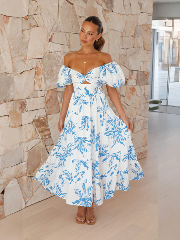 Levoire | Femme Slim Fit Robe à Manches Bouffantes Imprimée Helmak Sininen