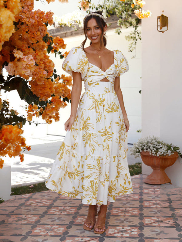 Levoire | Femme Slim Fit Robe à Manches Bouffantes Imprimée Helmak Jaune