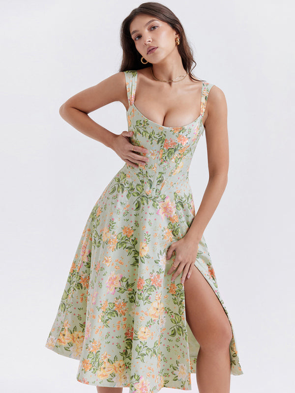 Levoire | Femmes Slim Sans Épaules Sexy Fendue Fleur Robe Vert