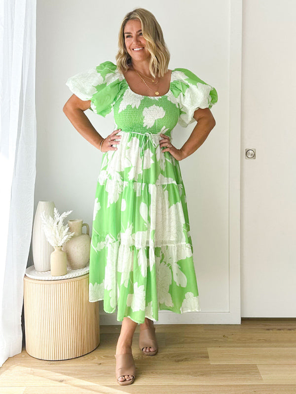 Levoire | Femme Élégante Imprimé Une Épaule Puffi Manches Robe de Mode Vert
