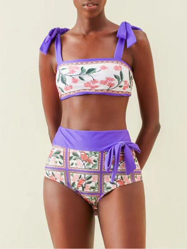 Levoire | Pour femmes nouveau cadre de couleur soulignant la taille maillot de bain trois pièces vêtement de plage imprimé Violetti