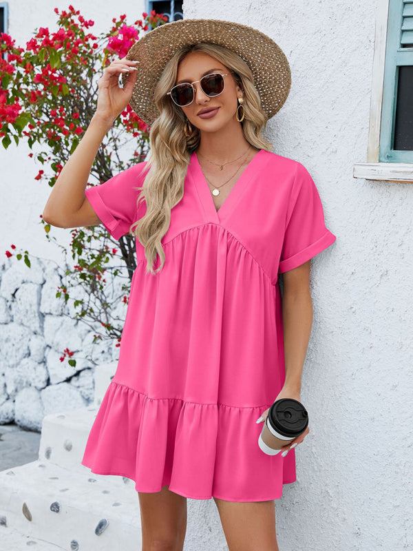 Levoire | Femmes nouvelle robe plisée courte à col en V uni Rosa