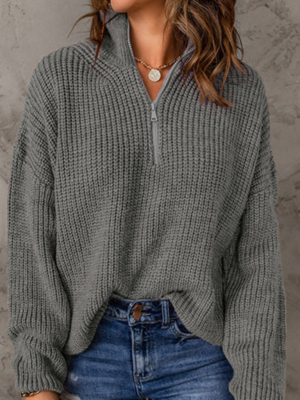 Levoire | Pull à col montant loose à fermeture éclair pour femme à manches longues Harmaa