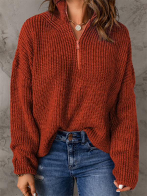 Levoire | Pull à col montant loose à fermeture éclair pour femme à manches longues Rot
