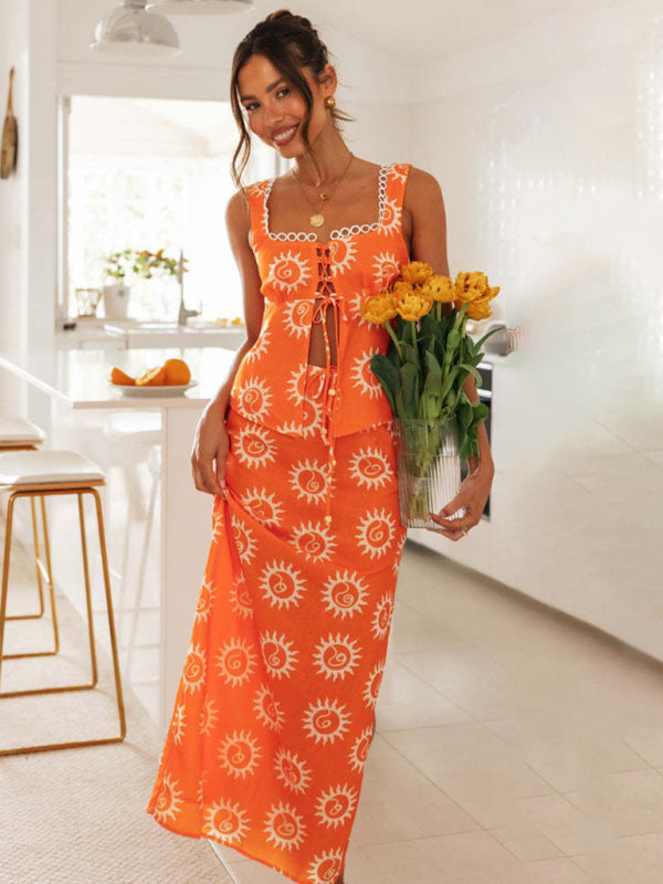 Levoire | Femmes Nouvelle Aiguille Combinaison Carré Anneau Chemise Imprimée Long Col Fendu Long Robe Orange