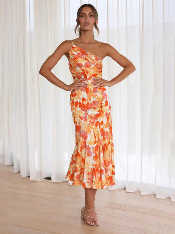 Levoire | Femme nouveau moderne tempérament col en V bretelles impression arête de poisson robe Orange
