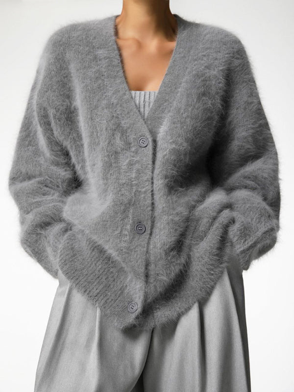 Levoire | Femme décontractée manches longues V-col cardigan en tricot Gris foncé