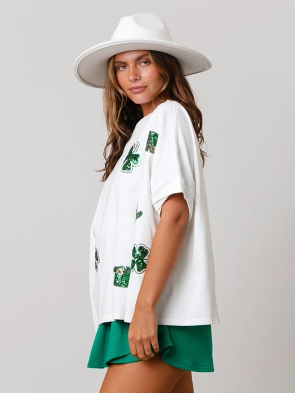 Levoire | Femme Top à paillettes trèfle à trois feuilles de Saint Patrick T-shirt léger