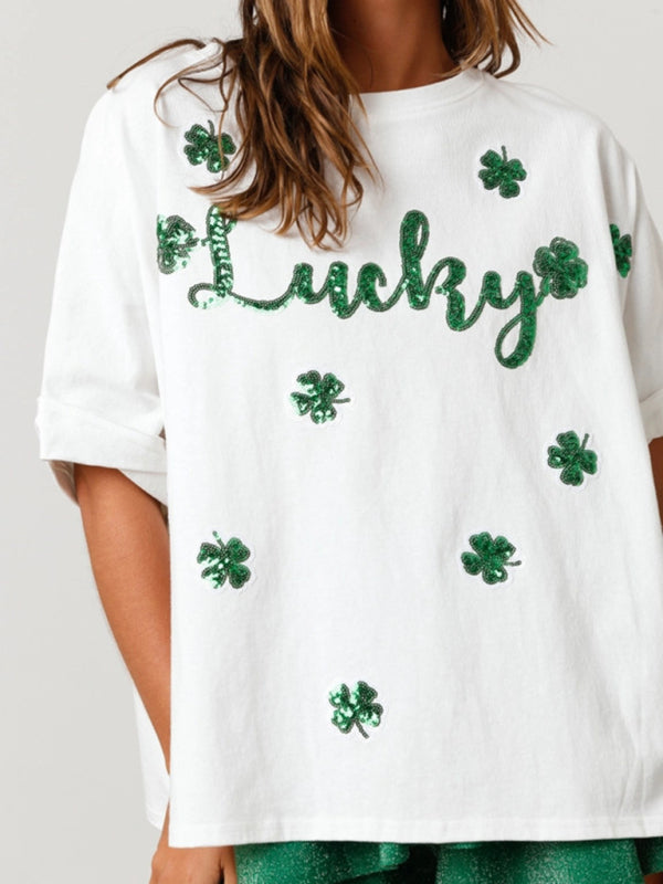 Levoire | Daami St. Patrick trèfles à quatre feuilles heureux en sequins top t-shirt décontracté