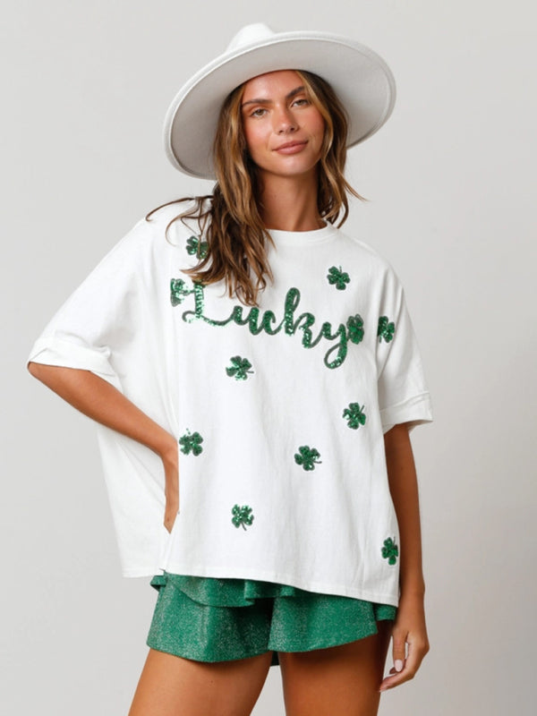 Levoire | Daami St. Patrick trèfles à quatre feuilles heureux en sequins top t-shirt décontracté Blanc