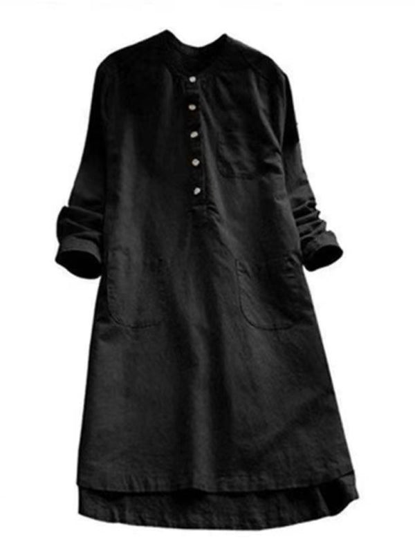Levoire | Nouvelle robe midi à col Henley unicolore à boutons et manches longues ajustables Musta