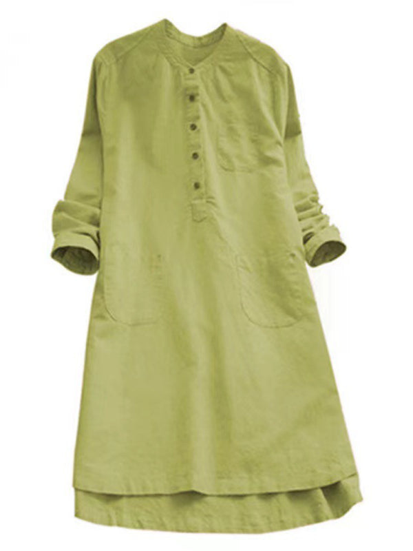 Levoire | Nouvelle robe midi à col Henley unicolore à boutons et manches longues ajustables Vert