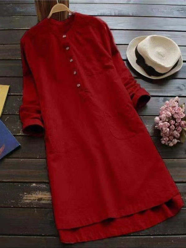 Levoire | Nouvelle robe midi à col Henley unicolore à boutons et manches longues ajustables Rot