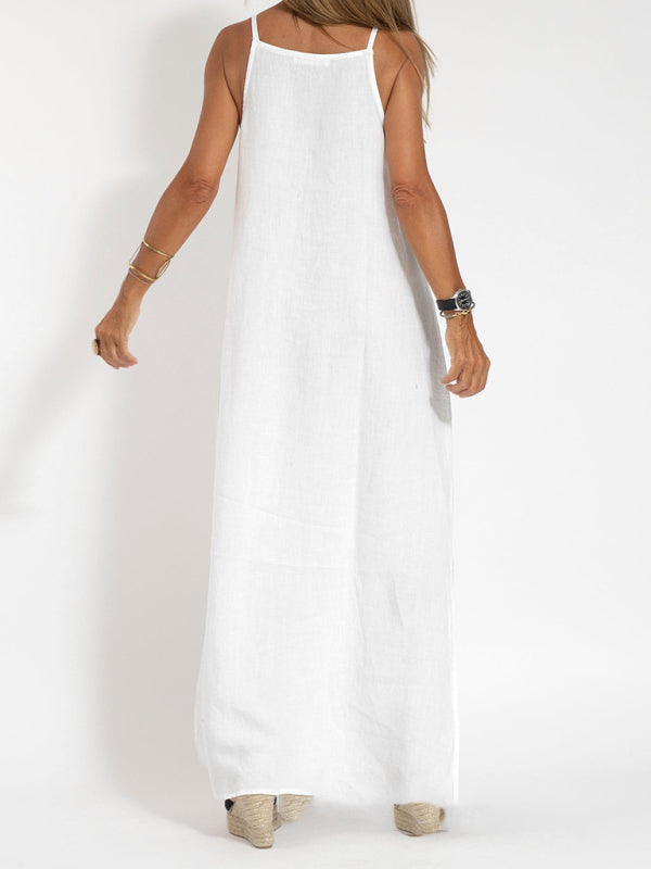Levoire | Nouvelle robe décontractée en mélange de coton et de lin éco-responsable avec bretelles et fente.