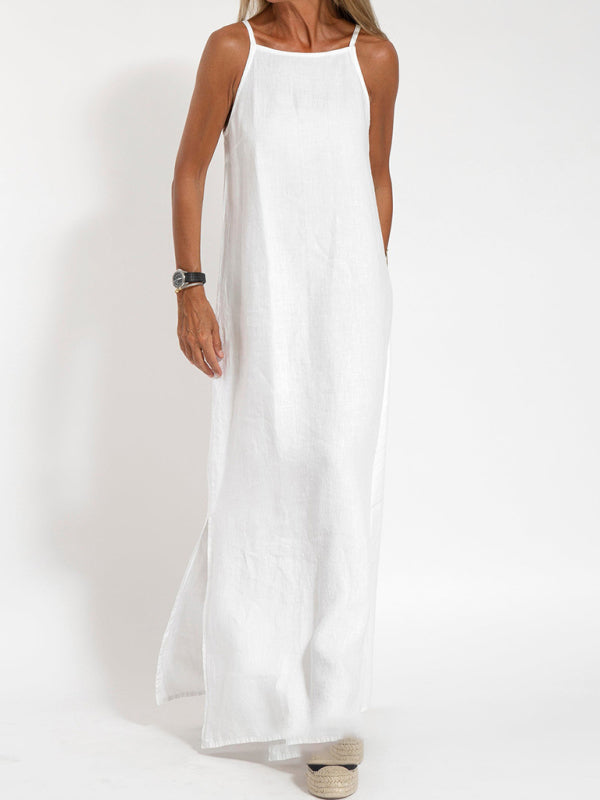 Levoire | Nouvelle robe décontractée en mélange de coton et de lin éco-responsable avec bretelles et fente. Blanc