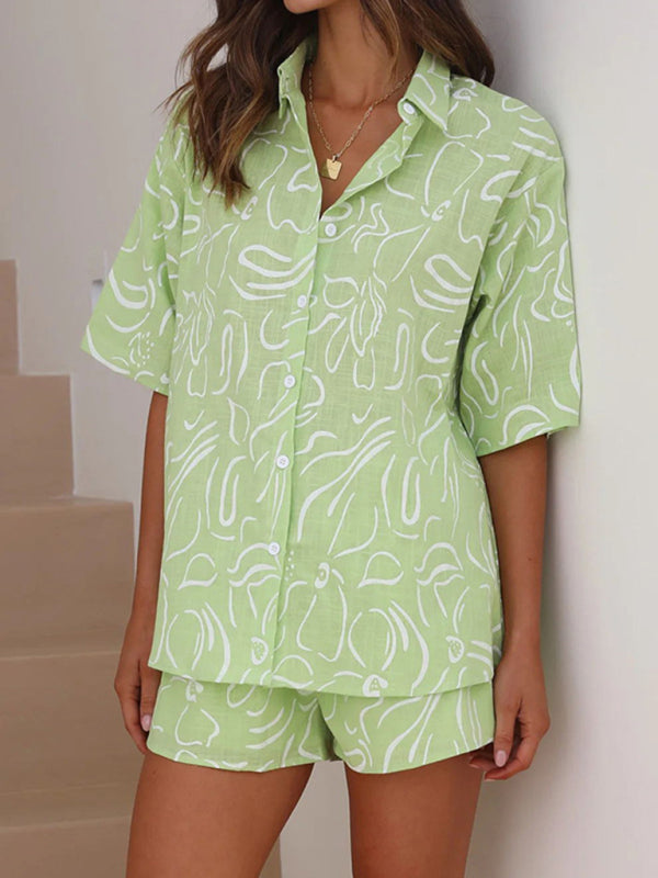 Levoire | Nouveau cardigan de vacances décontracté à manches courtes + ensemble de shorts imprimés à deux pièces Vert