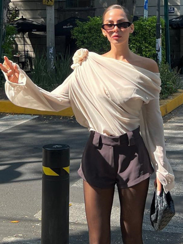 Levoire | Femmes Off-Shoulder Chiffon Imprimé Lâche Haut Blouse Krakker khaki